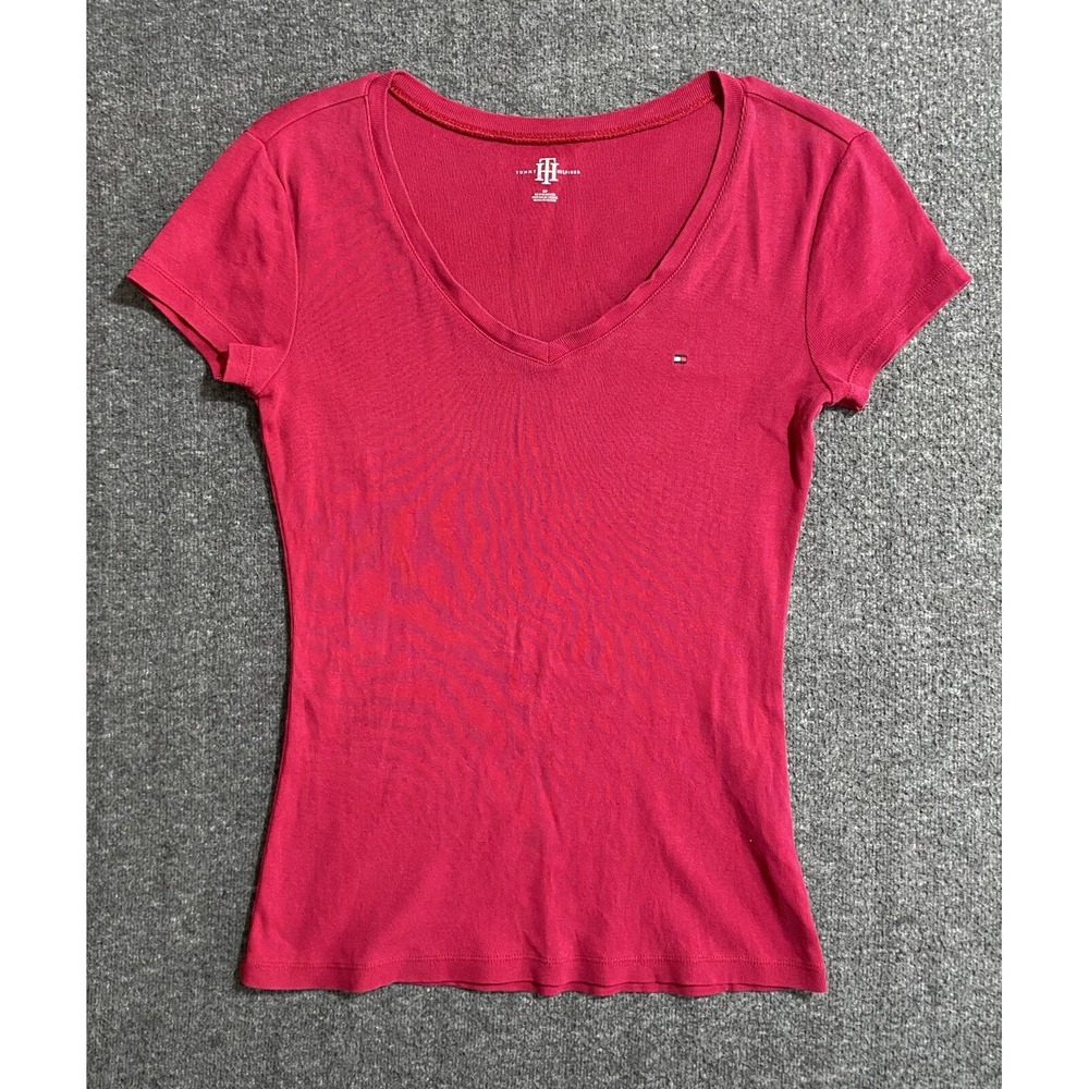 Tommy Hilfiger Shirt Womens Tee Short Sleeve V-Neck Top Red Size SP
